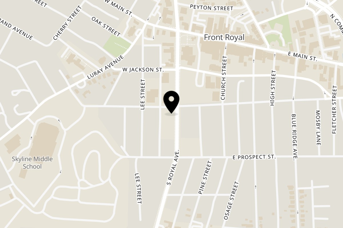 Map showing the location of Poppy's Place on 205 S Royal Ave in Front Royal